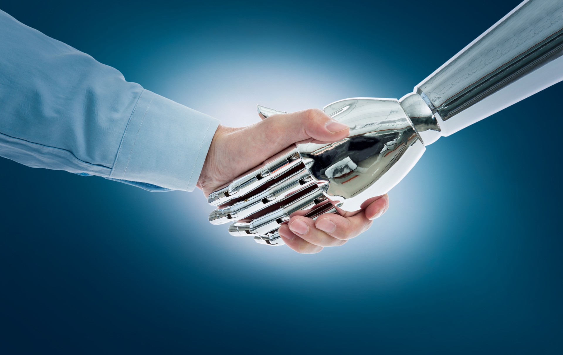 Businessman and robot shaking hands on blue background