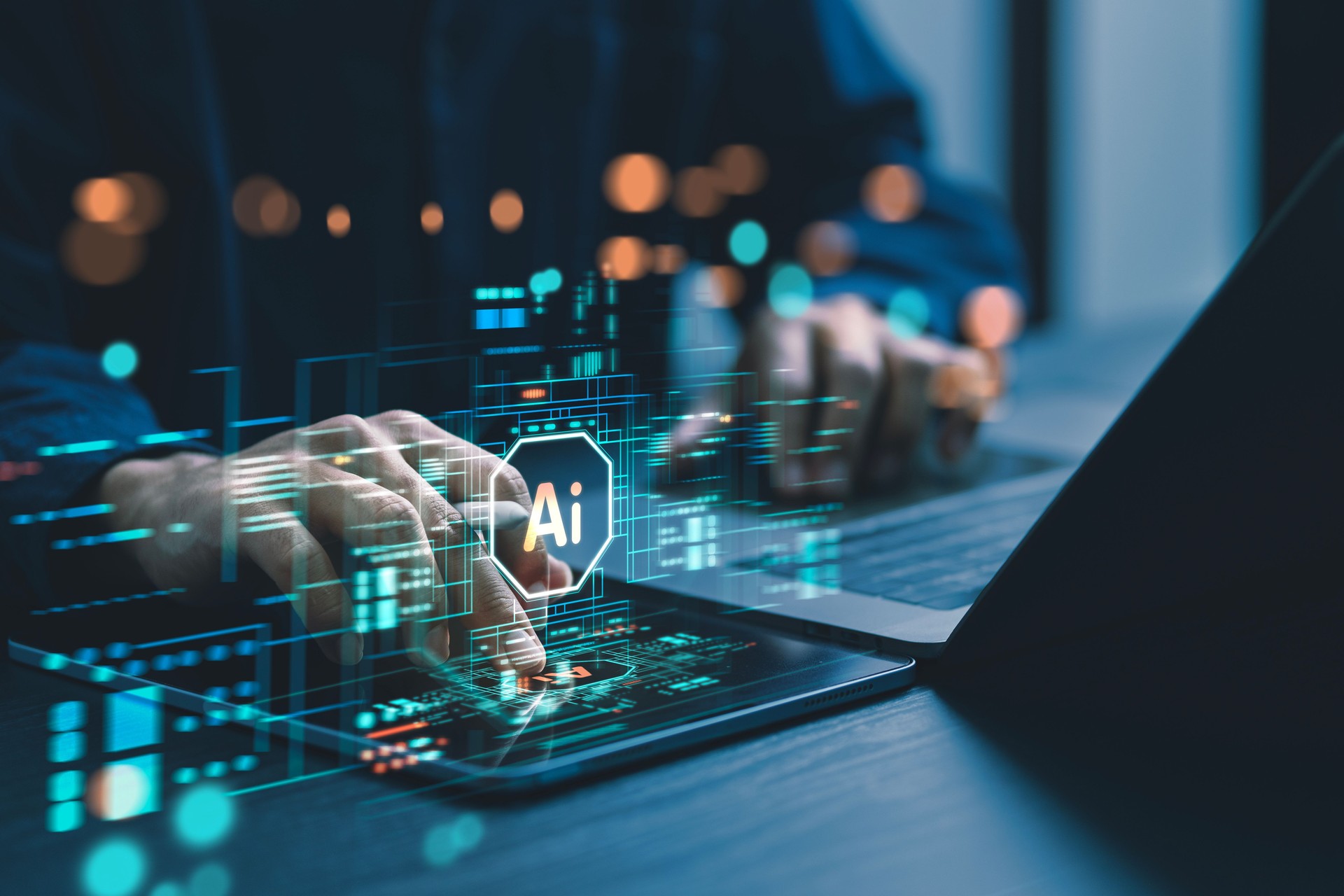 Humans are using laptops and computers to interact with AI, helping them create, code, train AI, or analyze big data with fast, cutting-edge technology.